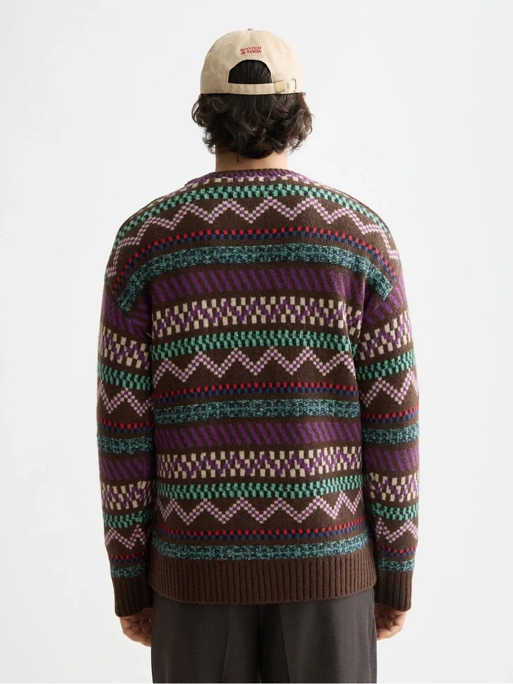 Scotch & Soda Fair Isle Jacquard Crewneck Sweater Brown Multi Mohair Blend L NWT